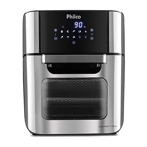 Fritadeira Air Fryer Philco 12L PT PFR2200P 220V, estrutura em aço inoxidável com display digital e cestas de fritura visíveis.