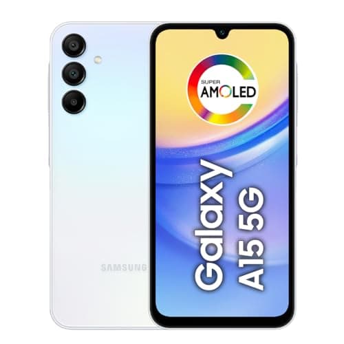 Smartphone Samsung Galaxy A15 5G 128GB Azul Claro, tela AMOLED, câmera quádrupla, fundo branco