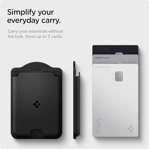 Carteira Magsafe para Cartões Spigen Magfit preta mostrando três cartões de crédito.