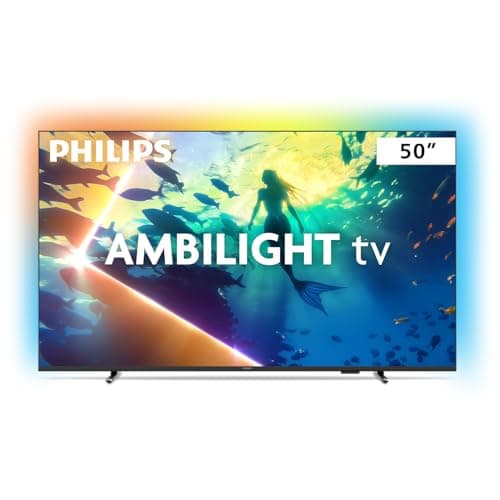 Smart TV Philips Ambilight 50 polegadas 4K com imagem de sereia e peixes