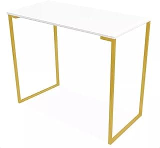 Escrivaninha Industrial Dourada, Tampo em MDF Alto Brilho, Estrutura Metálica, 90 cm x 30 cm x 76 cm