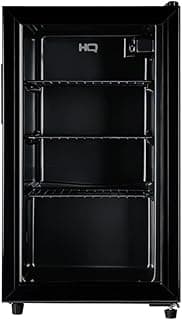 Frigobar Expositor Vertical HQ 85fbpv1 Preto 85l 127v aberto mostrando prateleiras vazias