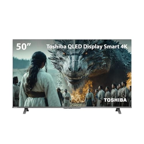 Smart TV QLED 50 polegadas Toshiba 4K com cena de dragão e personagens