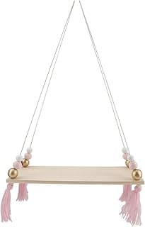 Prateleira Decorativa para Pendurar na Parede, Prateleira Flutuante de Madeira Com Detalhes Em Borla e Miçangas, Organizador de Exibição para Decoração Pequena, Sala de Estar, (Ouro Rosa)