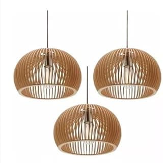 Kit com 3 pendentes de luz rústicos em MDF, corte a laser, 36 cm diâmetro, 27 cm altura, iluminação incandescente