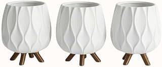 Trio de vasos decorativos brancos com pés de madeira marrom