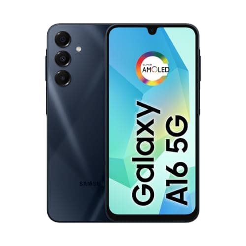 Smartphone Samsung Galaxy A16 5G azul escuro com três câmeras traseiras e tela frontal com nome do modelo.