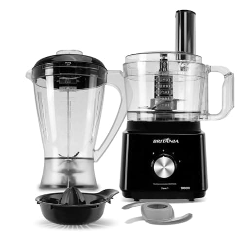 Multiprocessador Britânia 1000W 3 em 1 com lâminas de inox em fundo branco