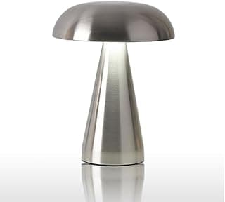 Luminária de mesa em formato de cogumelo cinza metálico, base cilíndrica, ideal para quarto ou sala.