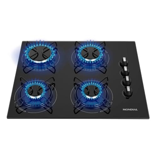 Cooktop a gás Mondial de 4 bocas com chamas azuis e fundo preto, isolado em branco.