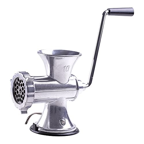 Moedor de carne manual Hercules, aço inoxidável, número 10, isolado em fundo branco