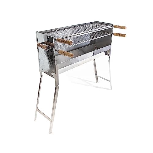 Churrasqueira Inox Espetinho Profissional com 2 Grelhas Inox, cor prata, alças de madeira, estrutura metálica