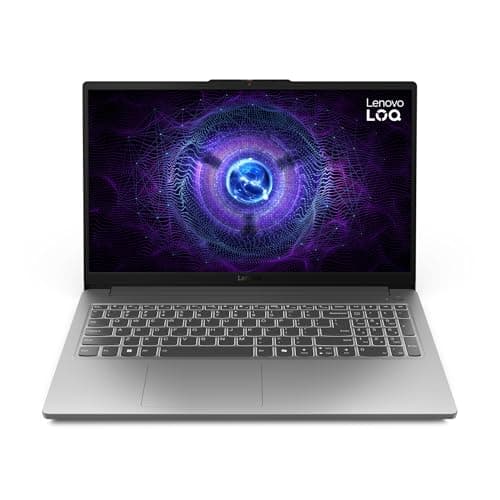 Notebook Lenovo LOQ-e 15IAX9E cinza aberto com tela espiral púrpura e azul