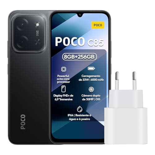 Smartphone Xiaomi POCO C85 4G em preto com 8GB RAM e 256GB ROM, com carregador branco