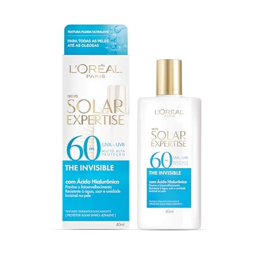L'Oréal Paris Solar Expertise, Protetor Solar Facial The Invisible Fluido FPS60 com Ácido Hialurônico e Tecnologia NETLOCK, Alta Proteção Solar com Ação Anti-Idade, Sem Cor 40g