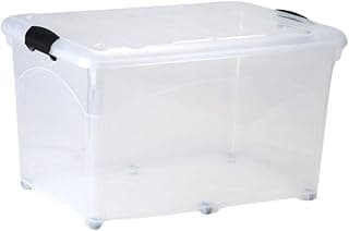 Caixa organizadora transparente com trava e rodinhas, 45 litros, frontal, fundo branco