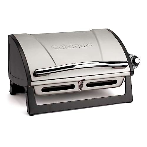 Grelha a gás de mesa portátil Cuisinart CGG-059A, 8.000 BTU, com detalhes em prata e preto, fundo branco.