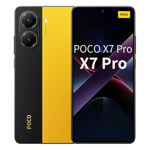 Smartphone Xiaomi Poco X7 Pro 5G em cor amarela e preta, câmera traseira dupla, texto POCO X7 Pro na tela, fundo branco