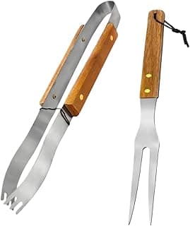 Kit Churrasco 2 Peças – Garfo + Pegador 35 cm – Cabo de Madeira – Utensílios para Churrasco