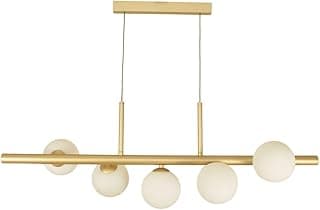 Pendente moderno com cinco globos de vidro branco e estrutura de alumínio dourado.