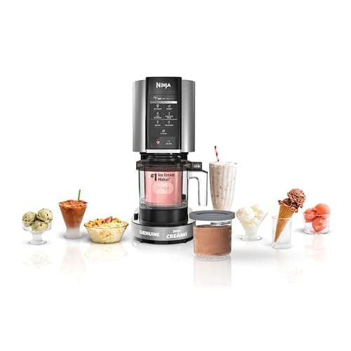 Sorveteira Ninja Creami 127v com sobremesas variadas em fundo branco