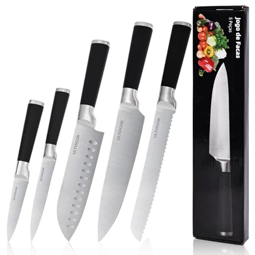 ULTVIGOR Conjunto de Facas 5 Peças, 4CR13 Aço Inoxidável Afiado e Durável, Cabo antiderrapante, Corte Preciso para Cozinhas Domésticas, Inclui Faca de Chef, Santoku (Preto)