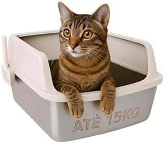 Caixa de areia bege para gatos com gato marrom dentro