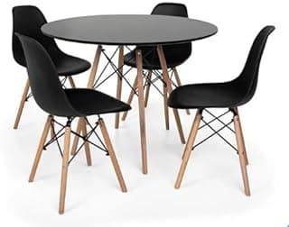 Conjunto de jantar mesa redonda e quatro cadeiras estilo Eiffel preto com pés de madeira clara