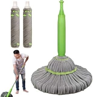 Mop giratório com cabo extensível em microfibra, cinza e verde, para limpeza de pisos.