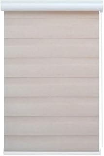 Persiana rolo dupla bege com bandô, textura de listras horizontais, fundo branco.