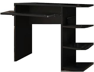 Mesa escrivaninha gamer preta com prateleiras laterais e suporte para CPU