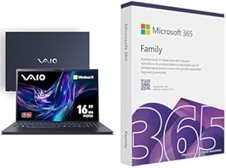 Notebook VAIO FE16 com tela aberta e Microsoft 365 Family
