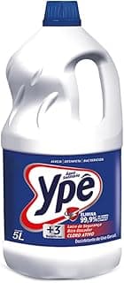 Frasco de 5L de Ypê Água Sanitária, fundo branco, rótulo azul e branco, eficácia 99,9%, clorado ativo.