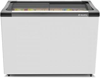 Freezer expositor horizontal Metalfrio 230L branco com portas de vidro e logo da marca
