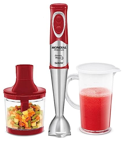 MONDIAL Power Mixer Premium vermelho e inox, 500W, 110V - M-10 com base e recipiente