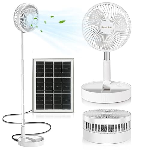 Ventoinha de pé portátil silenciosa com bateria recarregável de 5200 mAh, alimentada por painel solar, três velocidades, altura ajustável, branca