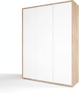 Guarda-roupa de bebê branco com três portas e acabamento em carvalho