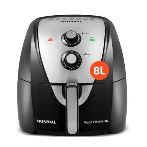 Fritadeira sem óleo Mondial Mega Family-8L, 8 litros, controles de temperatura e tempo, preto e aço inoxidável.