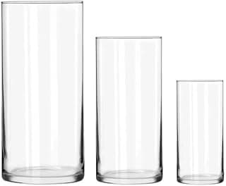 Kit de 3 vasos cilíndricos transparentes de vidro para decoração de mesa e festa