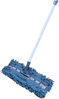 Rodo de limpeza com mop de chenille azul e branco, cabo branco com botão azul