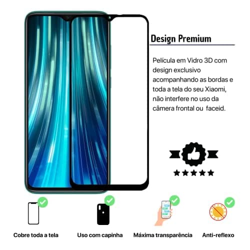 Película de vidro 3D anti-reflexo para tela do Redmi Note 8 Pro.