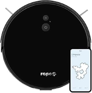 Robô Aspirador Ropo Smart Pet em preto com interface de aplicativo no smartphone