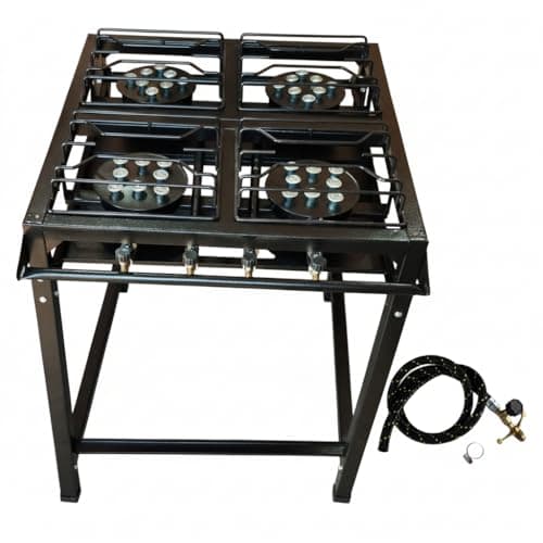 Fogão industrial 4 bocas preto com mangueira e registro, fundo branco