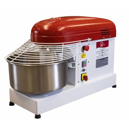 Amassadeira espiral vermelha e branca de 10kg, 1CV, bivolt, com painel de controle e proteção de arame.