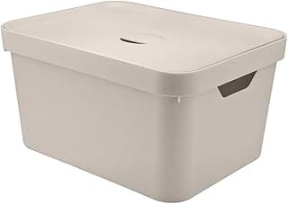 Caixa organizadora Cube G com tampa e alça, bege, em fundo branco.