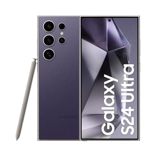 Smartphone Samsung Galaxy S24 Ultra em Titânio Violeta com câmeras traseiras e logo Samsung
