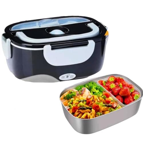 Marmiteira elétrica veicular térmica, compartimentos para refeições, tampa transparente, cabo de alimentação, colher, alimentos variados