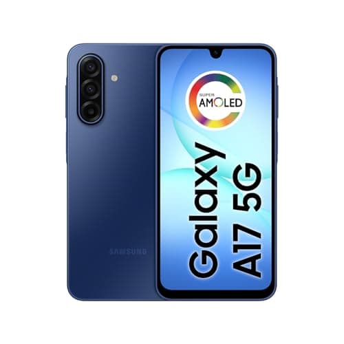 Imagem lateral do smartphone Samsung Galaxy A17 5G em azul com câmera traseira e tela AMOLED