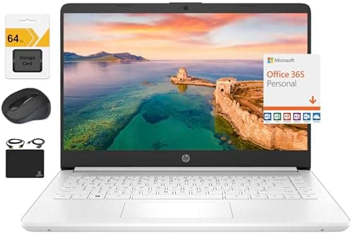 HP Novo laptop ultrafino HD de 14 polegadas, processador Intel Celeron quad-core, 4 GB de RAM, 128 GB (64 GB eMMC + 64 GB SD), Wi-Fi, até 11 horas, Windows 11 S + 1 ano de escritório 365 +