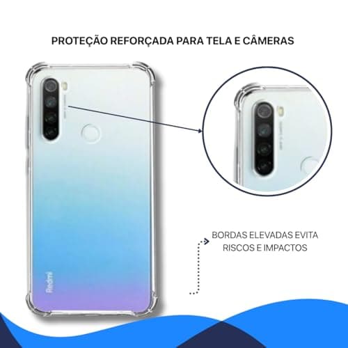 Capa transparente anti-choque para smartphone Xiaomi Redmi Note 8, com bordas elevadas.